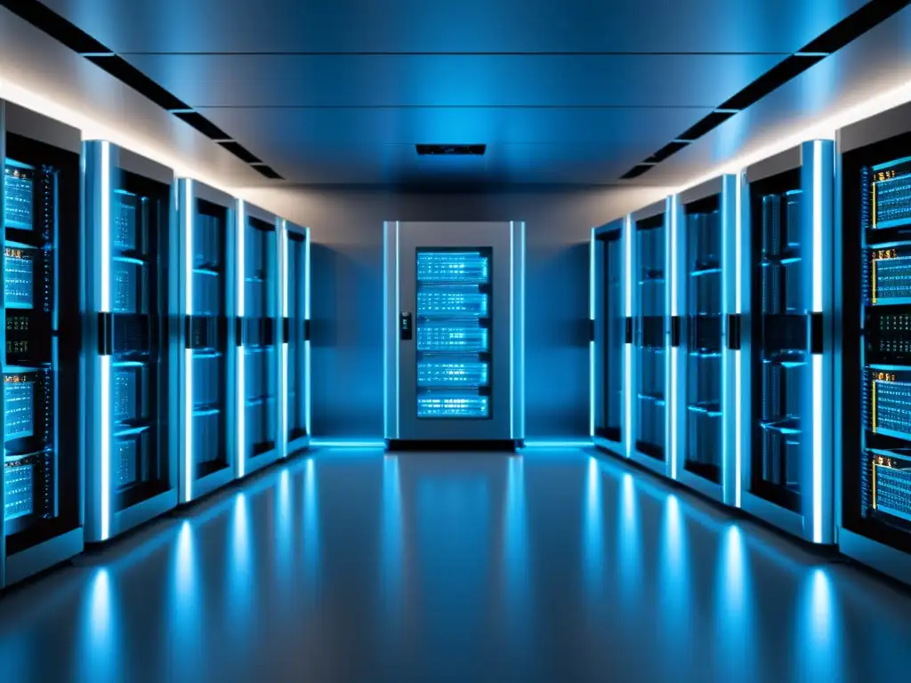 Sala de servidores futurista: Eficiencia y sofisticación tecnológica Una ilustración minimalista de una sala de servidores ordenada y eficiente, con un suave resplandor azul
