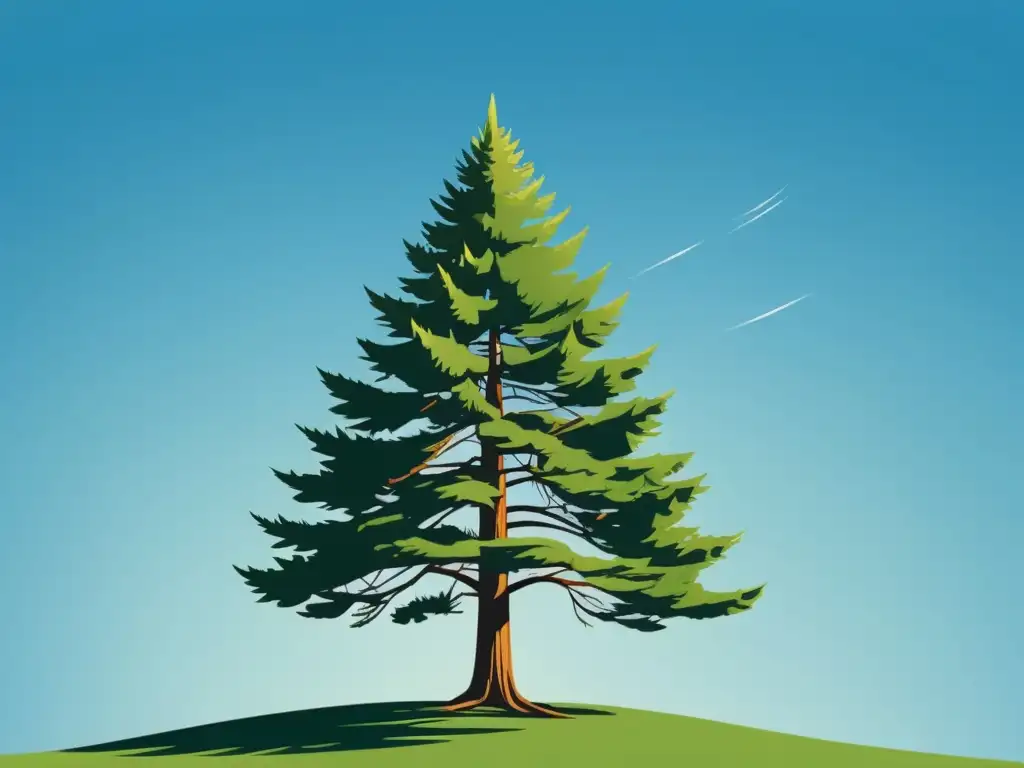 Árbol de la vida: serenidad en el cielo azul Una ilustración serena y minimalista de un imponente árbol perenne ante un cielo azul claro