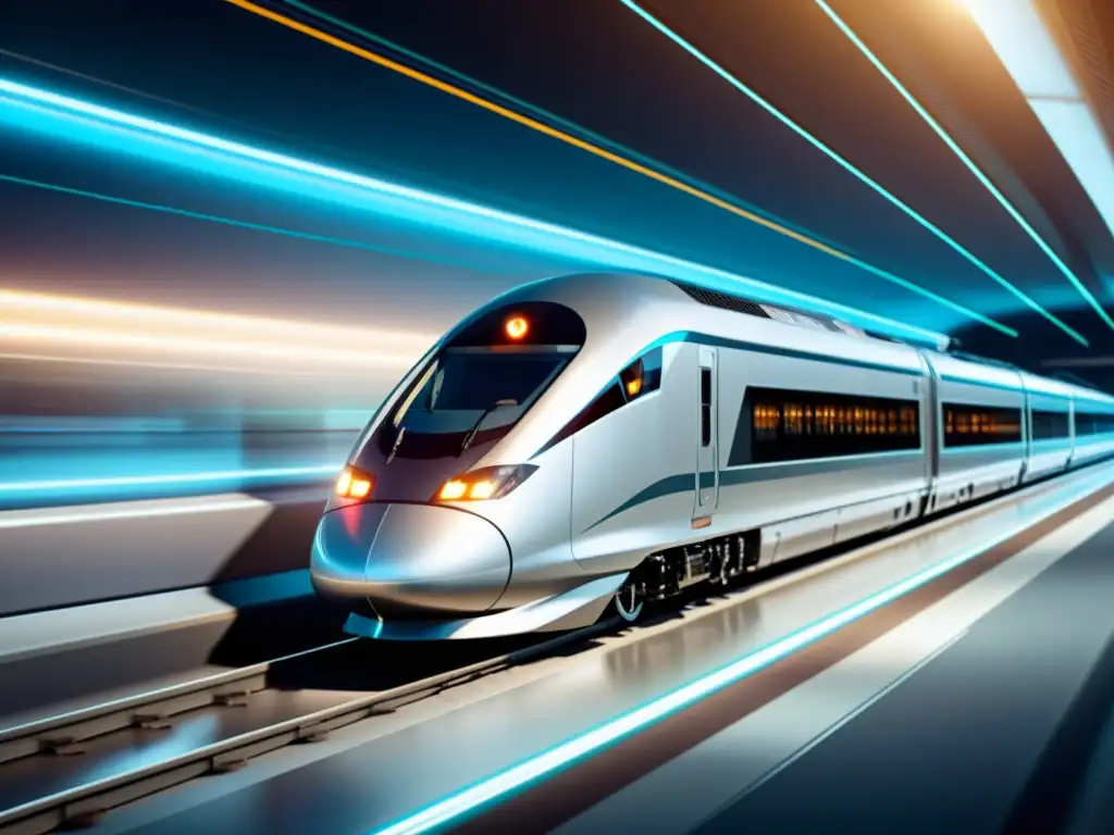Tren de alta velocidad en pista futurista: velocidad y tecnología Imagen de alta velocidad: un tren futurista en movimiento con un ambiente moderno y tecnológico, transmitiendo poder y eficiencia