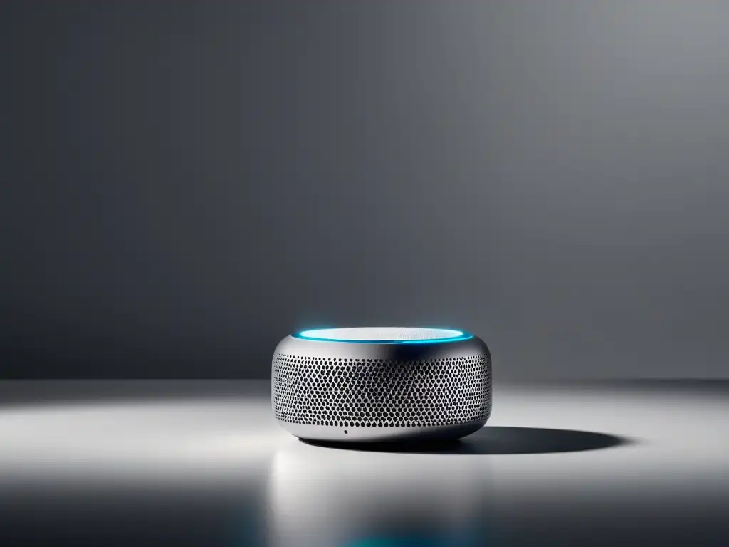 Altavoz inteligente de diseño futurista en superficie blanca Un alt para la imagen podría ser: 'Altavoz inteligente de diseño futurista iluminado suavemente