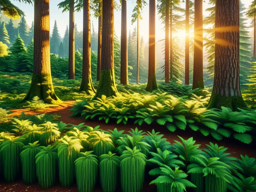 Bosque verde exuberante al atardecer: imagen 8K Imagen 8K de un bosque perenne bañado por la luz dorada del atardecer, transmitiendo la durabilidad del contenido evergreen para SEO OnPage