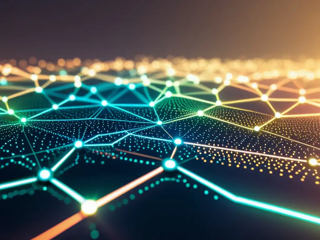 Red de Alta Tecnología: Flujo de Datos Lumínico Imagen detallada de una red futurista de líneas y nodos, con un brillo suave que simula el flujo de datos