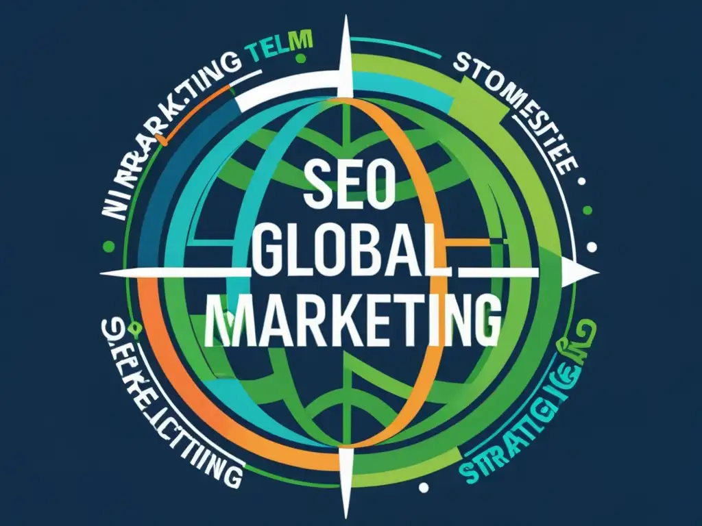 Conexiones Globales: Estrategias de Marketing Digital Imagen impactante de un globo terráqueo con líneas y flechas interconectadas, junto a tipografía minimalista en varios idiomas