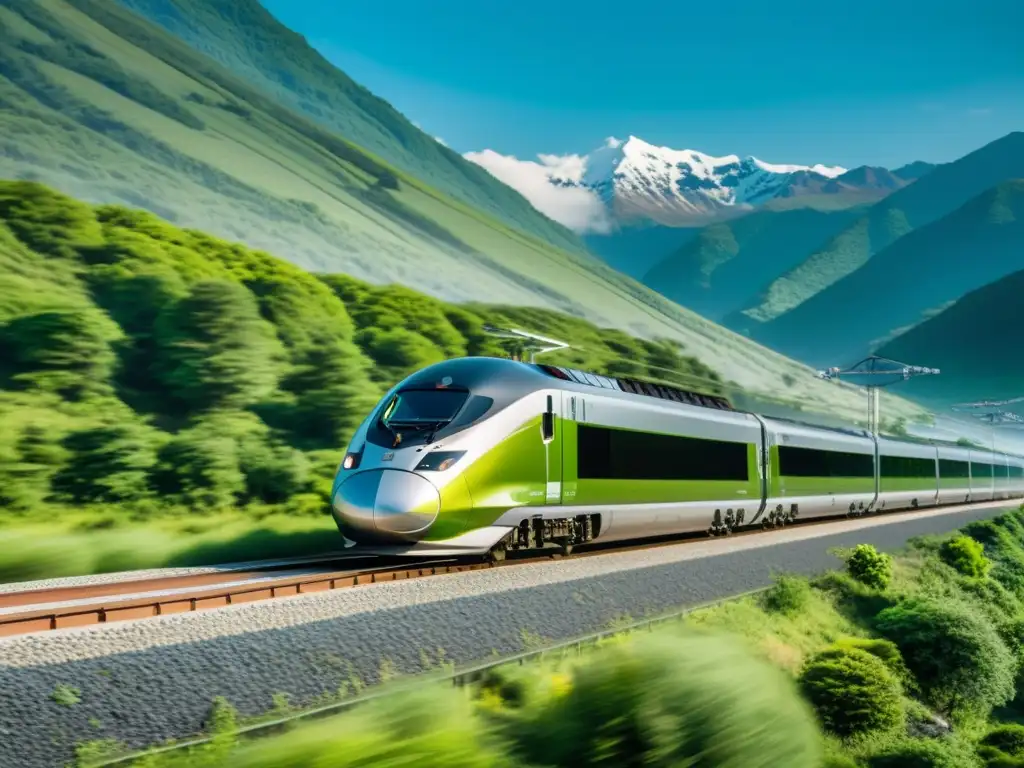 Veloz tren de alta tecnología en paisaje sereno Imagen impactante de un tren de alta velocidad surcando paisajes, evocando eficiencia y velocidad sin esfuerzo