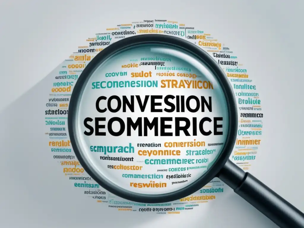 Análisis de palabras clave para eCommerce Una imagen minimalista y de alta resolución muestra una lupa enfocando un nube de palabras clave relacionadas con ecommerce y SEO