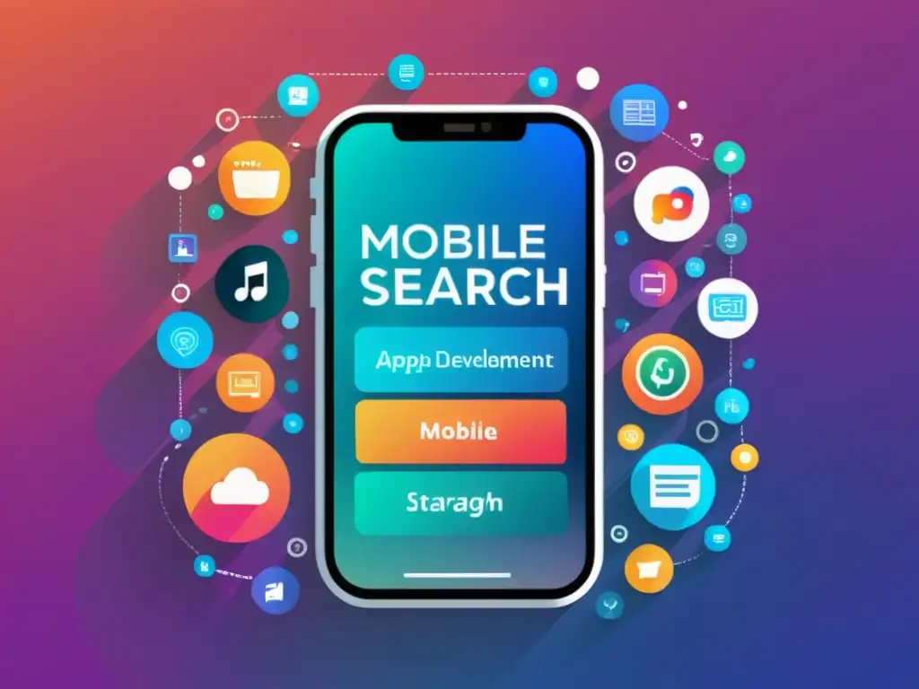 Imagen minimalista de un smartphone con barra de búsqueda de palabras clave para aplicaciones, rodeado de términos relacionados