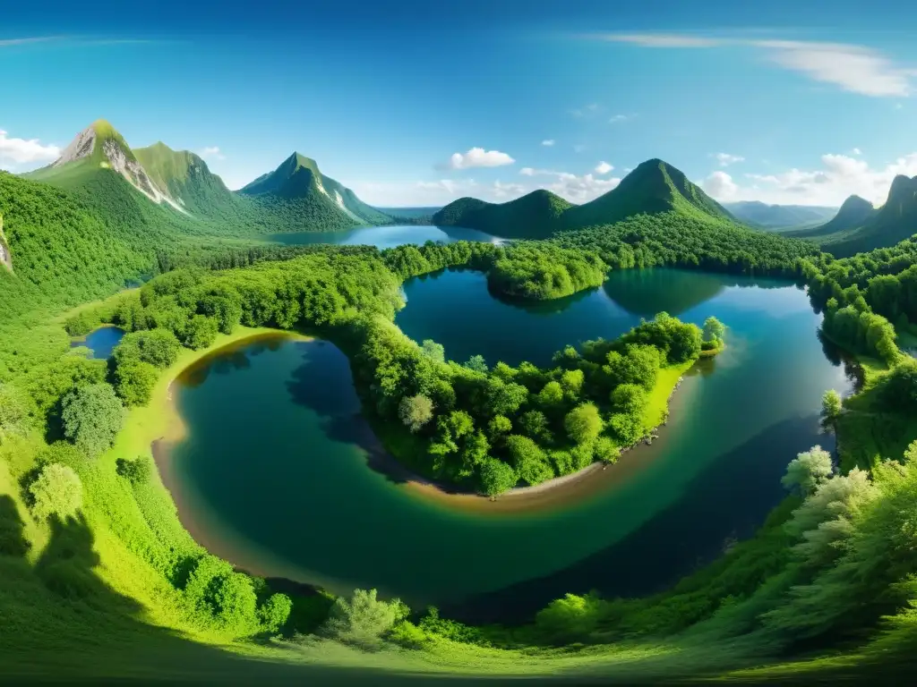 360° paisaje natural: serenidad y belleza inmersiva Imagen 360° de un paisaje natural sereno y expansivo con cielo azul, vegetación exuberante y lago tranquilo reflejando el entorno