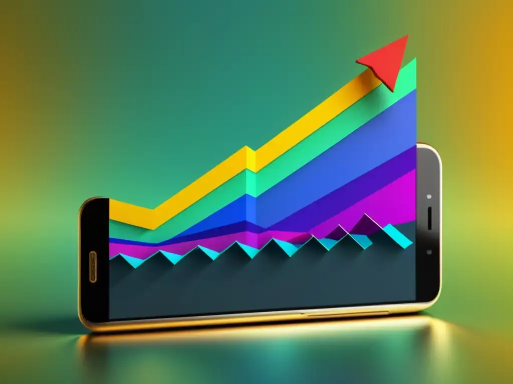 Gráfica de crecimiento exponencial de usuarios de apps con estrategias SEO Imagen de pantalla de smartphone mostrando un gráfico de aumento de usuarios de app, con diseño moderno y vibrantes colores