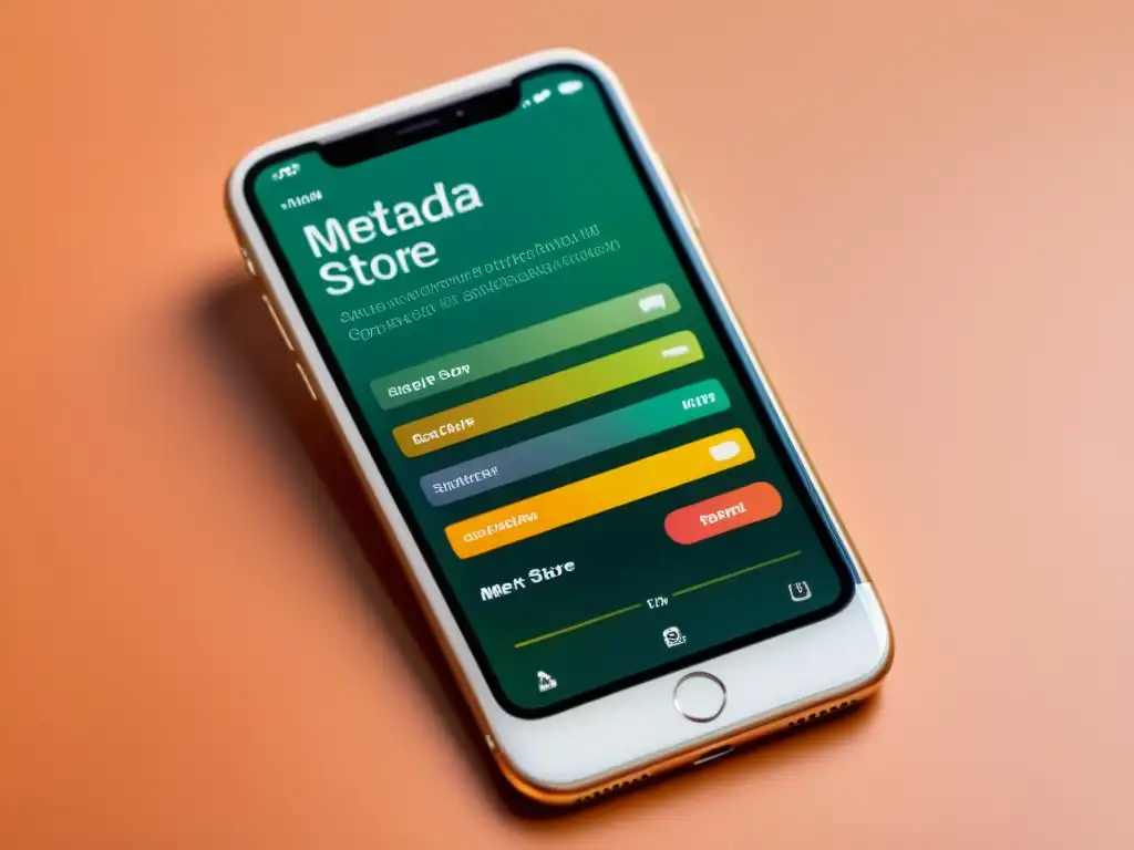 Optimización de la App Store: Elegancia y Eficacia Imagen de pantalla de smartphone minimalista con metadatos de app, reflejando la optimización de tienda de apps con diseño moderno y profesional