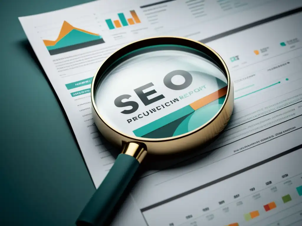 Análisis de branding y SEO: precisión y expertise Una imagen de alta resolución de una lupa sobre un informe de branding y SEO