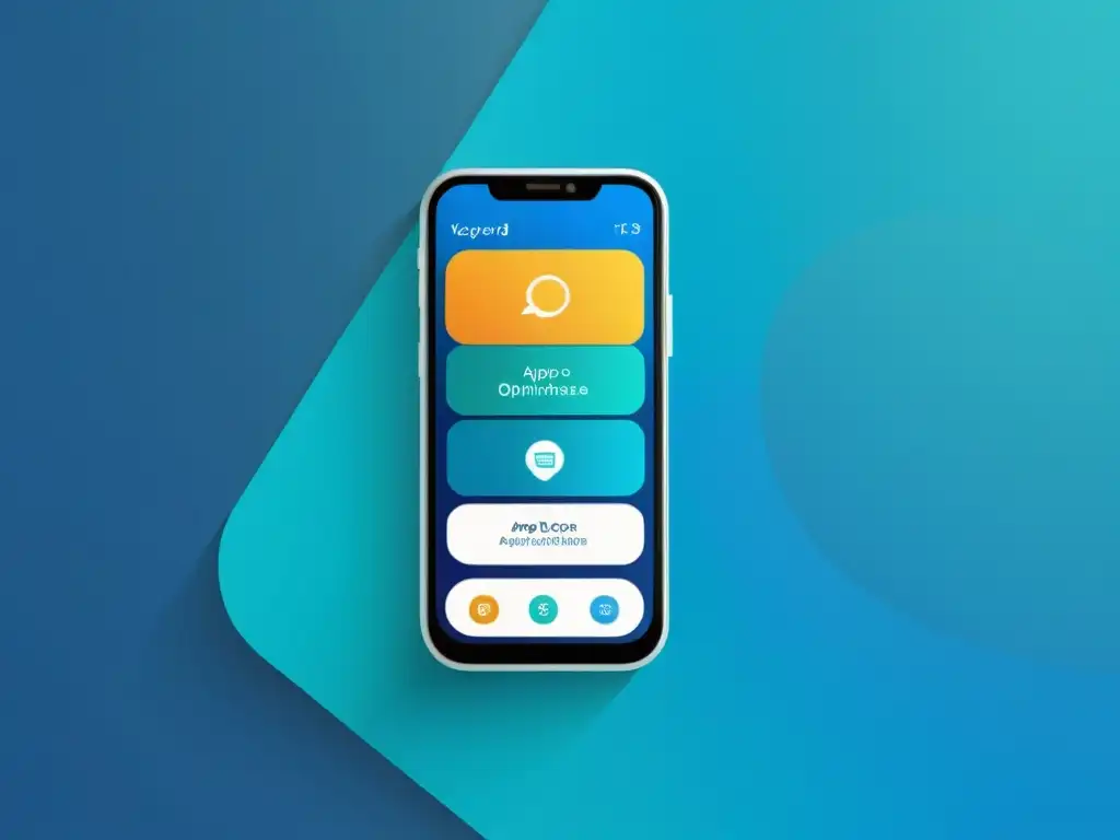 Imagen de smartphone minimalista con pantalla vibrante y estrategias de keywords para apps en burbujas de colores
