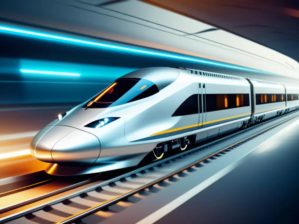 Tren de alta velocidad en pista futurista: eficiencia y velocidad para SEO Imagen 8k de un tren de alta velocidad en vías futuristas, reflejando la automatización de carga para SEO con un sentido de velocidad y eficiencia