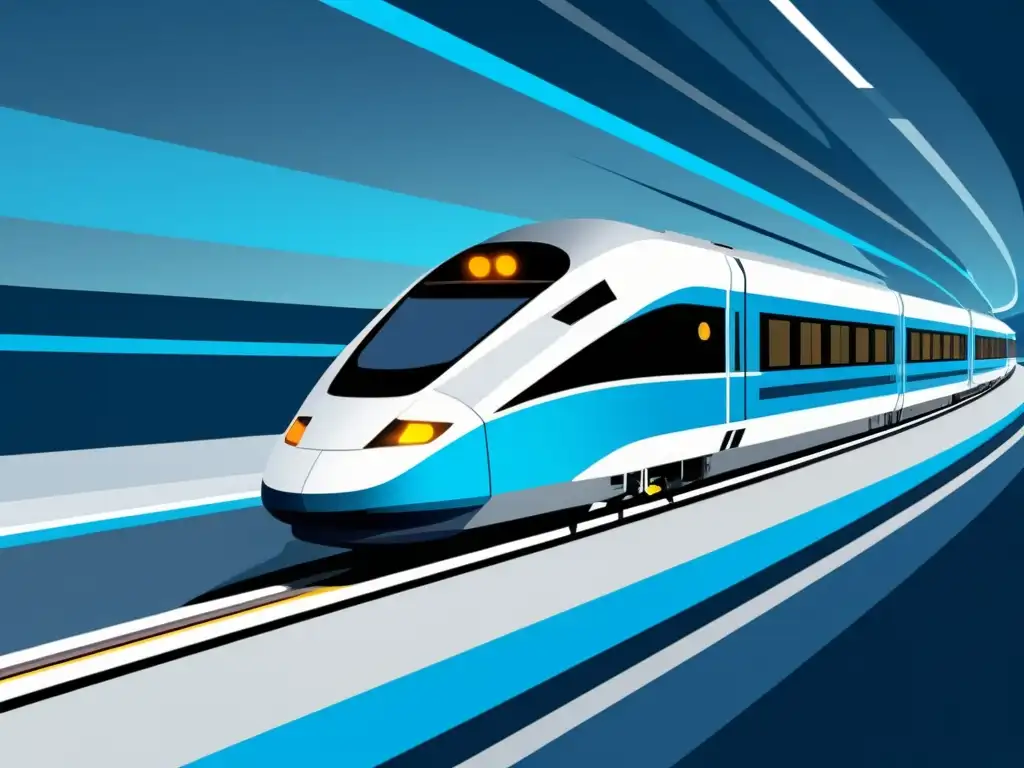 Tren de alta velocidad: impacto en la indexación web Imagen de un tren de alta velocidad futurista en movimiento con formas abstractas dinámicas, evocando 'Principios de SEO para diseño web rápido'