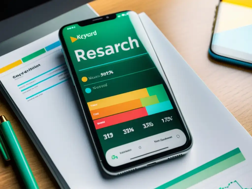 Imagen 8k ultradetallada de pantalla smartphone con herramienta de investigación de palabras clave para apps