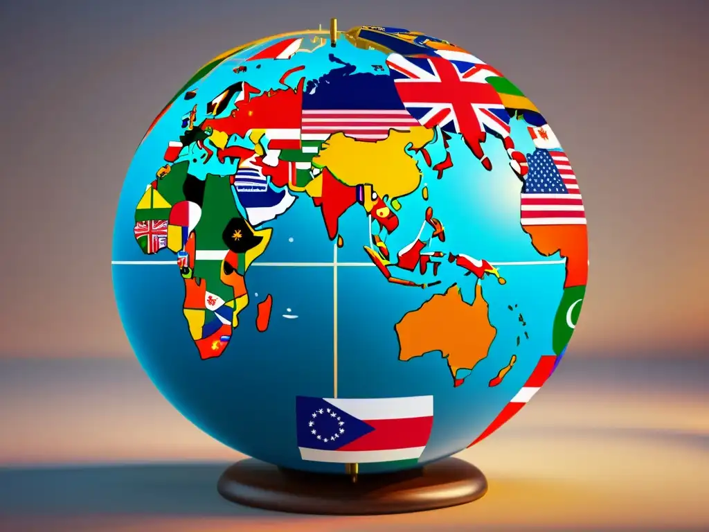 Conexión global: diversidad de culturas y lenguas en 8k Un impresionante globo terráqueo en 8k con múltiples idiomas y banderas, conquistando mercado internacional SEO multilingüe