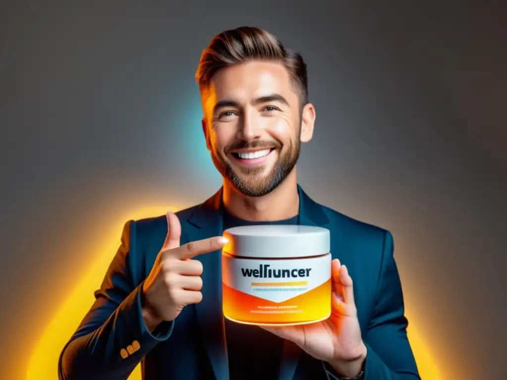 Influencer destacado promociona producto premium Un influencer destaca un producto con testimonios brillantes, mejorando el SEO y credibilidad