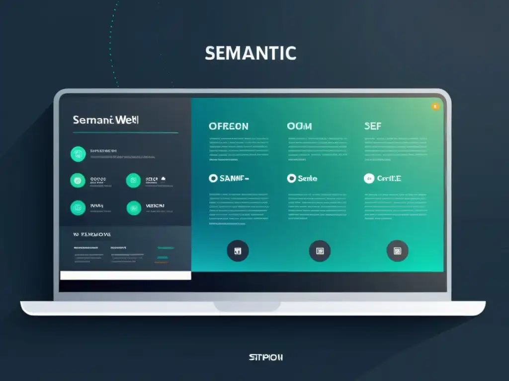 Interfaz web futurista: nodos dinámicos y contenido descentralizado Interfaz web futurista con nodos interconectados representando elementos de la web semántica y contenido descentralizado