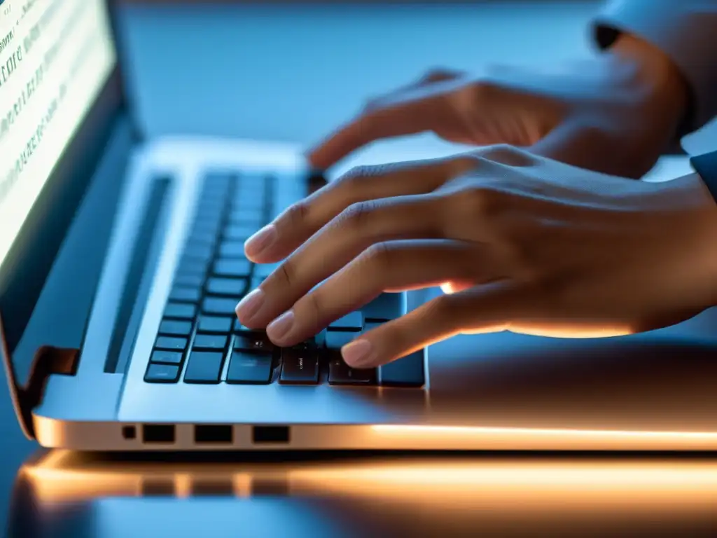 Mano escribiendo en teclado de laptop moderna, minimalista, con iluminación suave