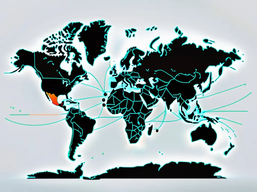 Mapa del mundo en alta resolución: rutas comerciales y redes de comunicación Mapa del mundo con líneas vibrantes conectadas, conquistando mercado internacional SEO multilingüe