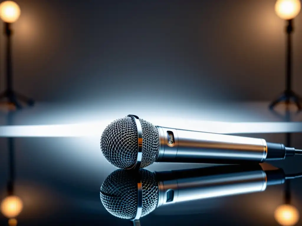 Micrófono de podcast de alta gama en 8k Un micrófono de podcast moderno y elegante descansa en una superficie reflectante, iluminado suavemente en una composición minimalista y dramática