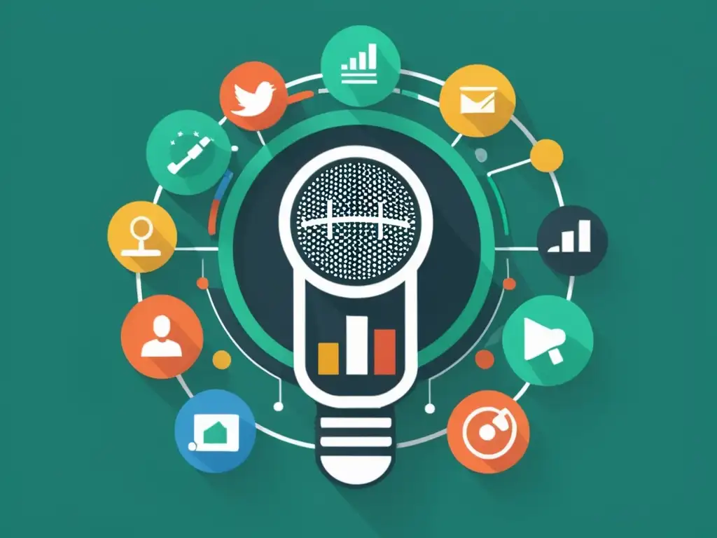 Microfono de podcast con iconos SEO Un micrófono de podcast moderno rodeado de íconos de SEO como lupa, gráficos y símbolos, fusionando técnicas de SEO con podcasts