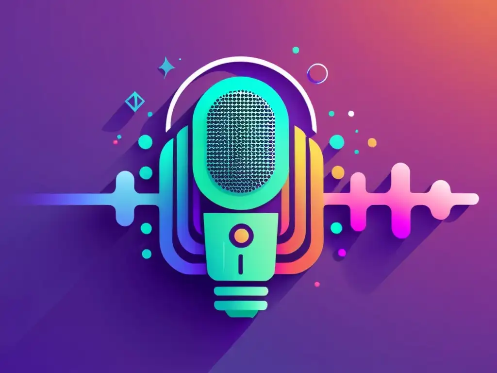 Microfono de Podcast con Elementos SEO Un micrófono de podcast rodeado de elementos de SEO, transmitiendo una sensación de energía y movimiento
