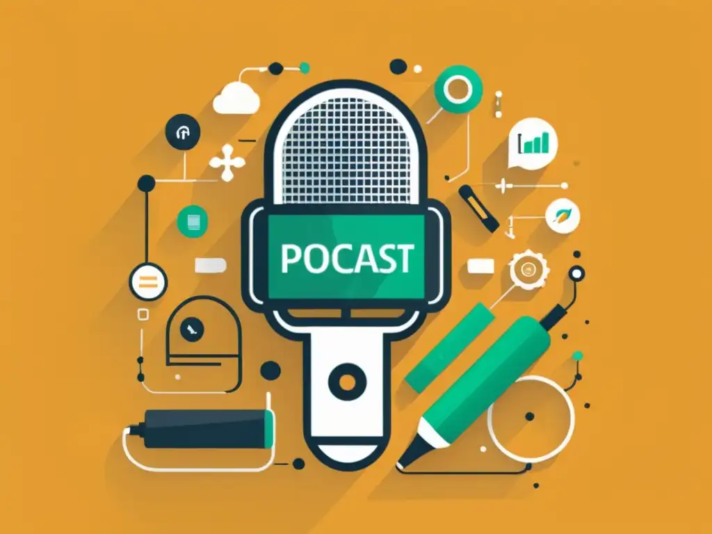 Microfono de podcast con herramientas de SEO Microfono de podcast rodeado de herramientas de SEO, simbolizando las técnicas de SEO para Podcasts