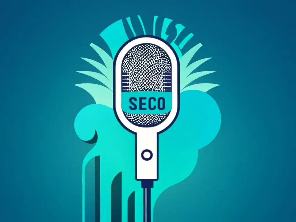 Microfono de Podcasting con Técnicas de SEO Un micrófono de podcast rodeado de ondas de sonido, con las palabras 'Técnicas de SEO para Podcasts' integradas