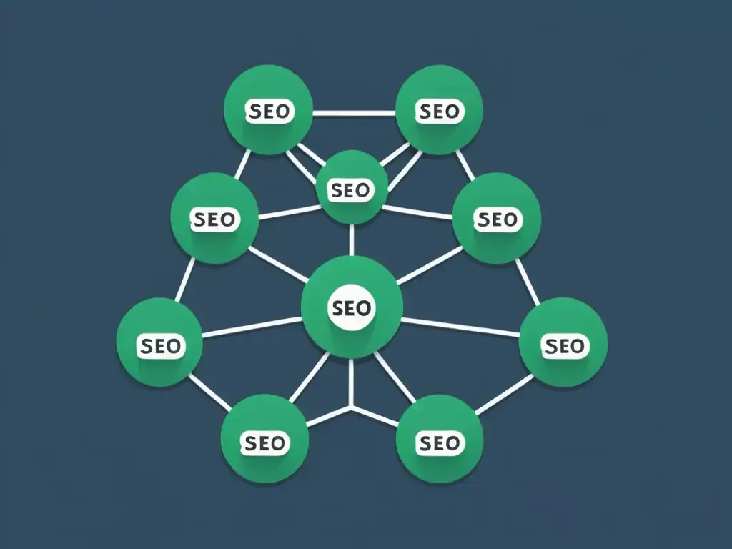 Estrategias SEO para web descentralizada Ilustración minimalista de nodos interconectados representando estrategias SEO para la web semántica, con un diseño moderno y limpio