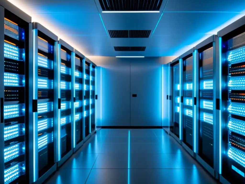 Sala de servidores futurista: eficiencia y tecnología de vanguardia Un moderno centro de servidores bañado en una suave luz azul, conectado por cables de fibra óptica brillante