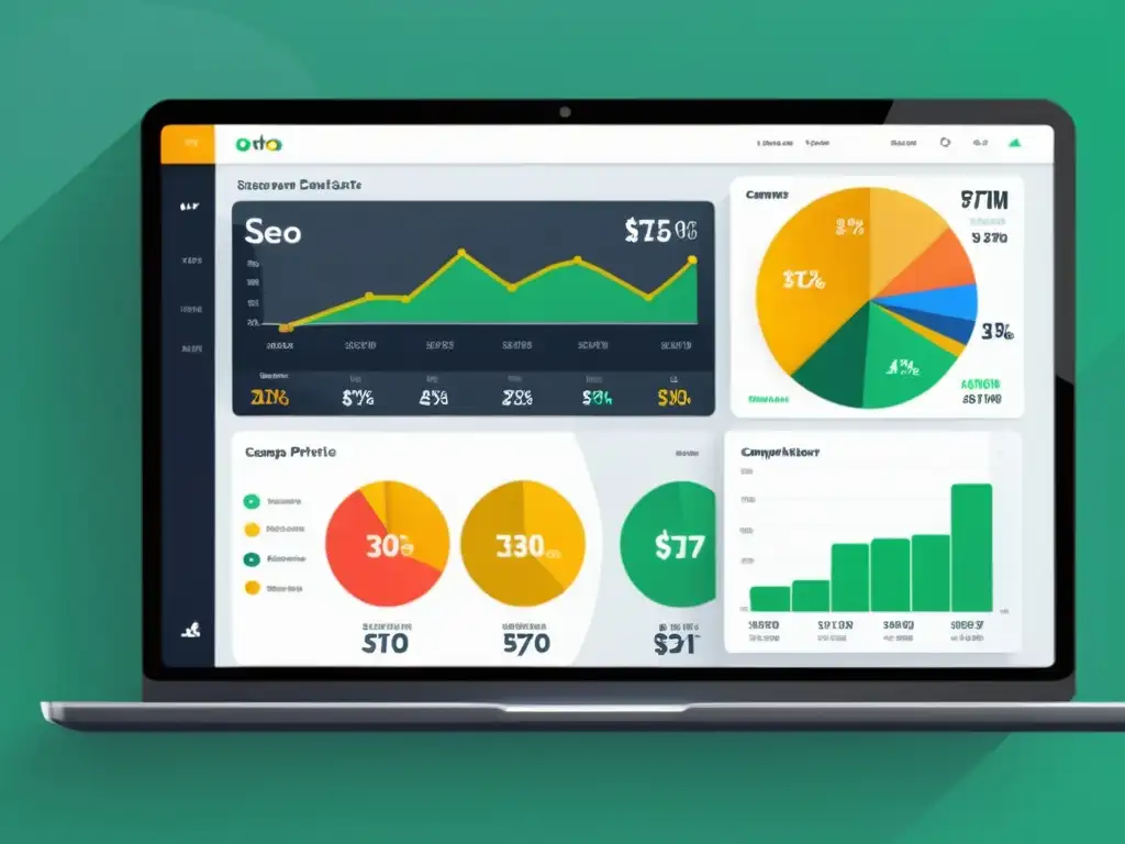 Panel de precios SEO: Datos y métricas impactantes Un moderno panel de estrategias de precios impacto SEO con diseño minimalista y colores vibrantes en pantalla de computadora