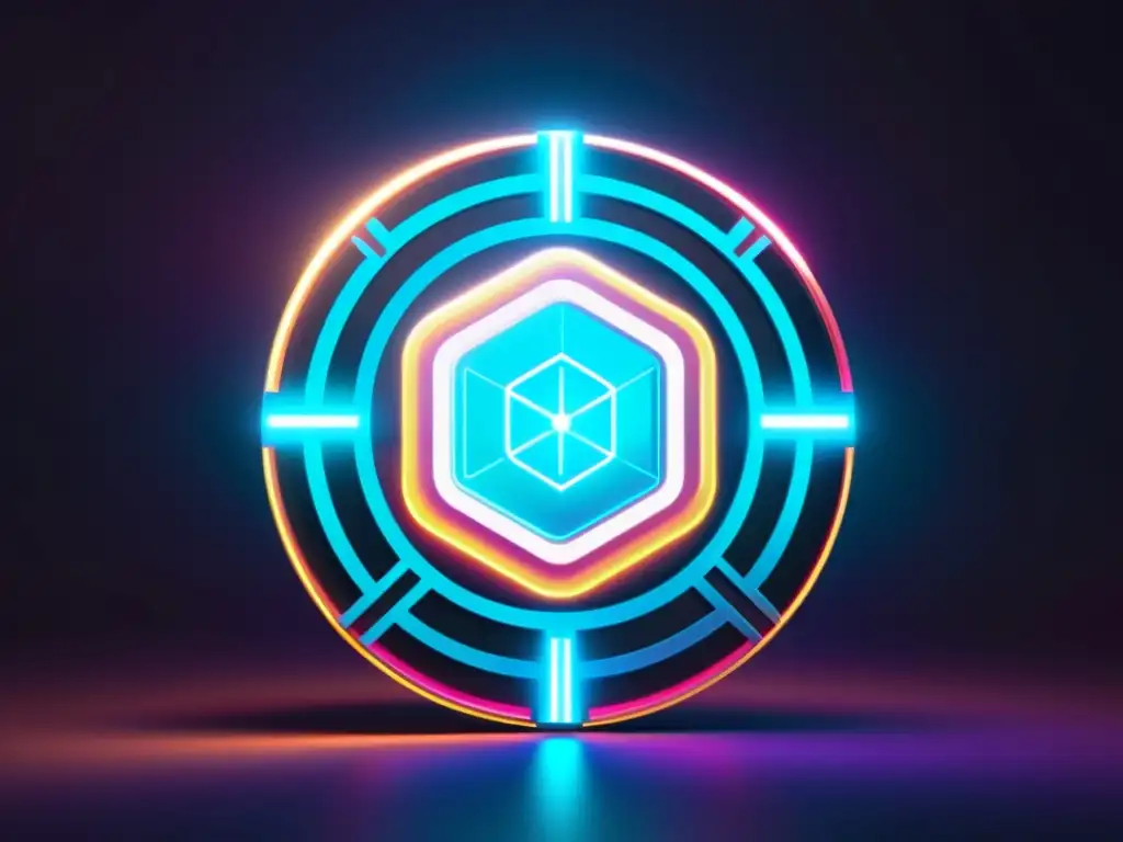 NFT brillante en espacio virtual futuro Una obra digital minimalista de un token NFT brillante suspendido en un espacio virtual futurista y oscuro