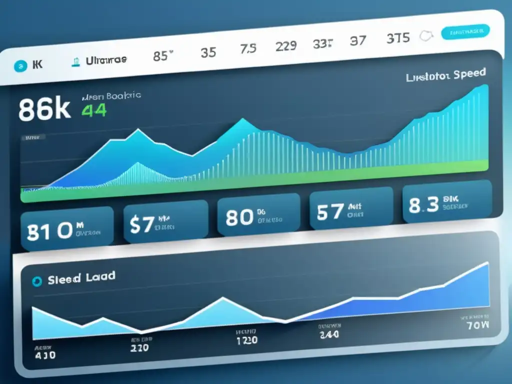 Dashboard de análisis de velocidad del sitio web en 8k Panel de análisis de velocidad de página web con gráficos detallados y diseño minimalista en tonos de azul y blanco