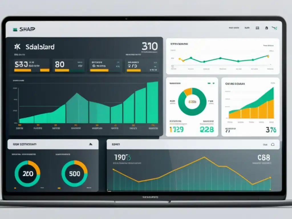 Dashboard digital ultradetallado con visualizaciones de datos sofisticadas Un panel digital moderno y minimalista con herramientas de analítica para Ecommerce, datos detallados y una paleta de colores sofisticada
