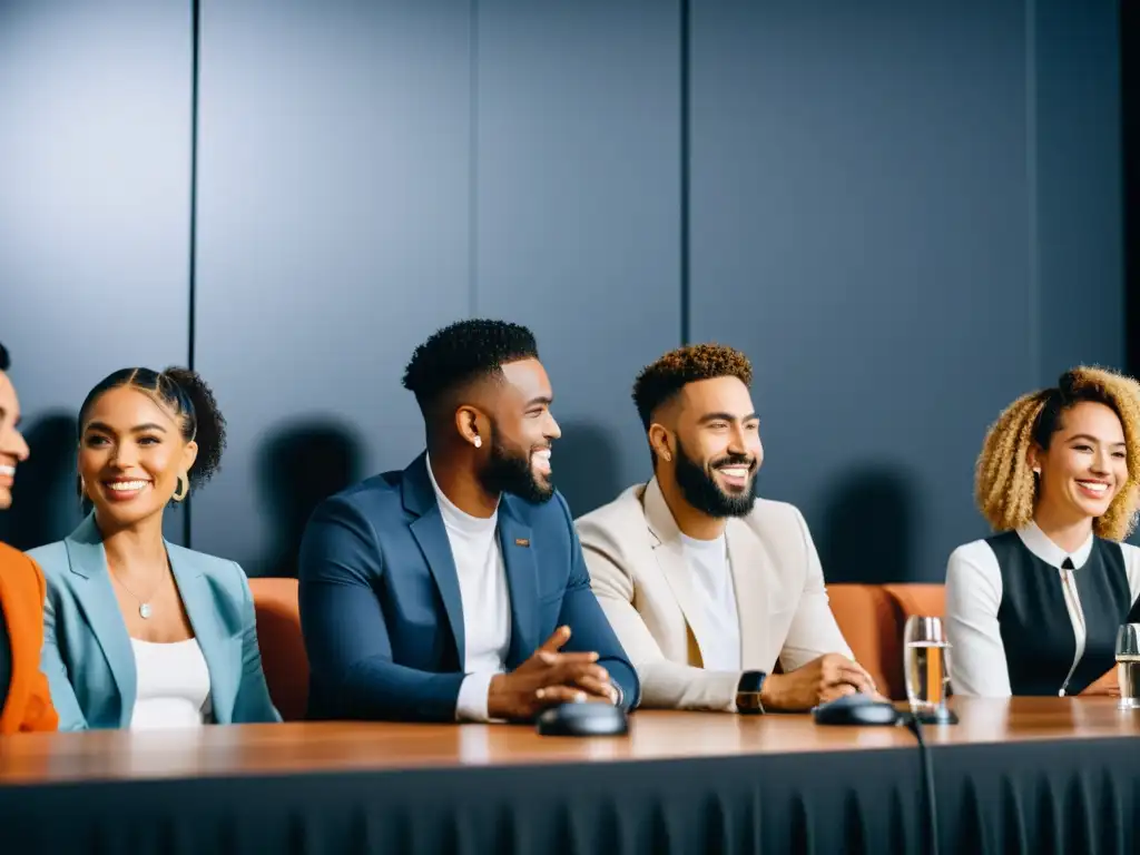 Panel de expertos: influenciadores apasionados debatiendo Panel de influencers debatiendo en un escenario moderno