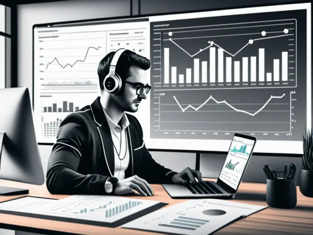 Análisis de resultados para podcast: persona con auriculares y gráficos Persona con auriculares analizando gráficos en la computadora para Técnicas de SEO para Podcasts