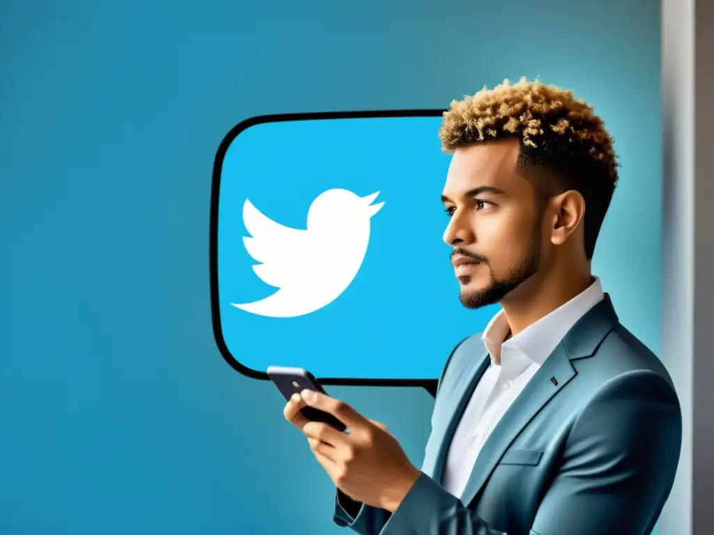 Participación Profesional en Twitter Chats Persona participando en un chat en Twitter en un dispositivo moderno, enfocada y profesional