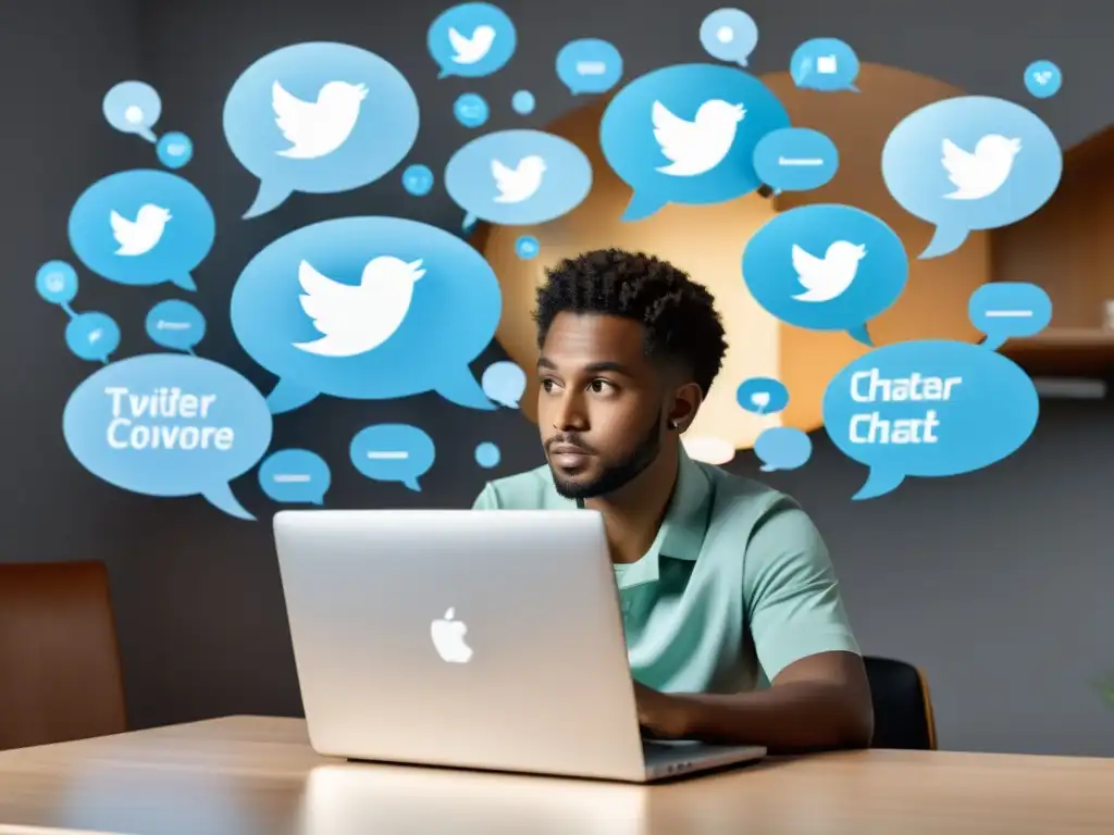 Participación activa en Twitter: persona en chat Persona participando en Twitter Chats con laptop en escritorio, rodeada de burbujas de chat y hashtags en estilo minimalista
