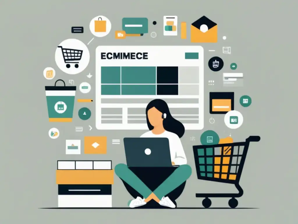 Persona concentrada frente a laptop rodeada de elementos de ecommerce, creando contenido para Ecommerce con tono profesional e informativo