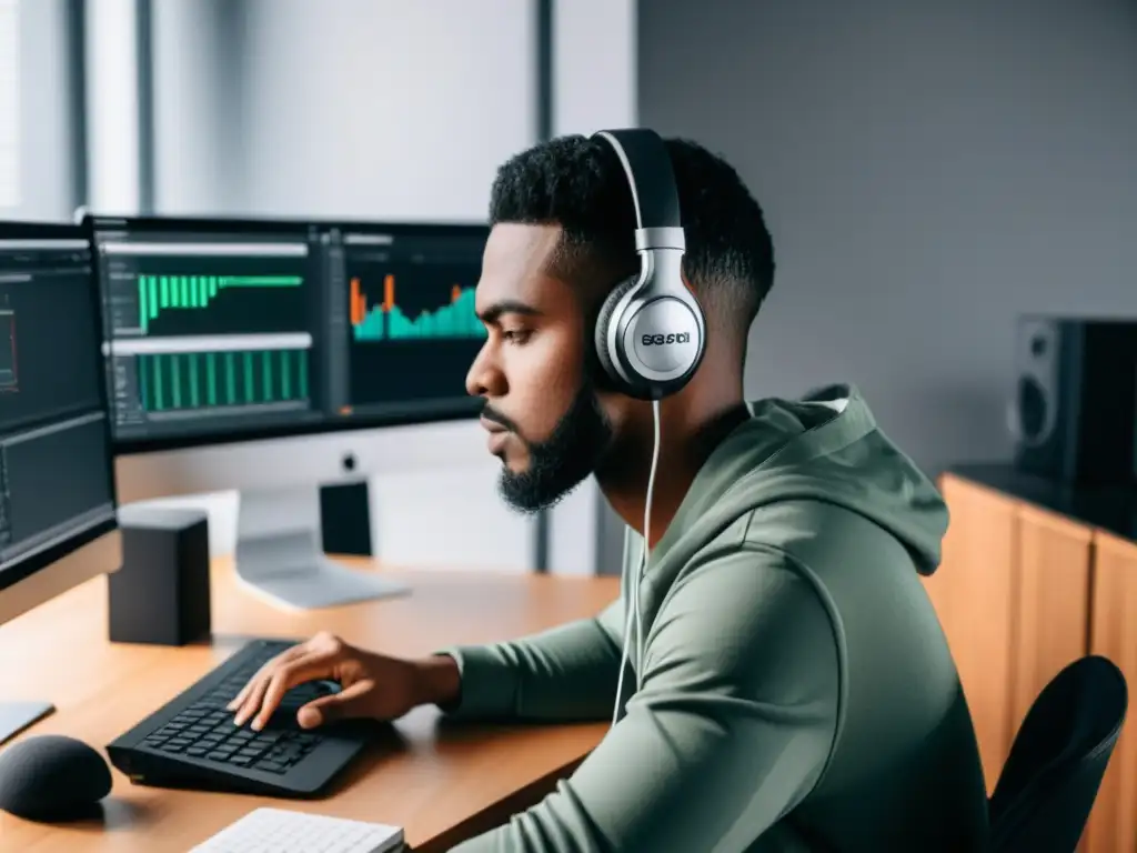 Productividad enfocada: ajustes de SEO y grabación de podcasts Una persona concentrada ajusta herramientas de SEO para podcasts en su computadora