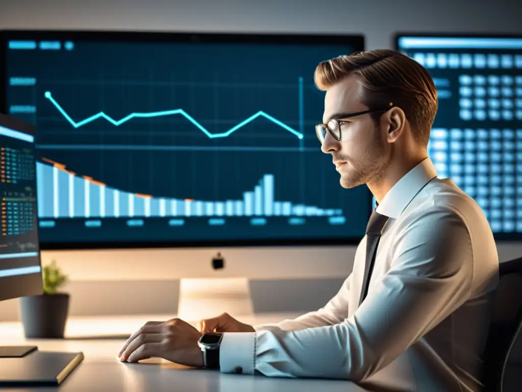 Análisis de datos en oficina moderna: enfoque detallado Persona analizando datos con herramientas de analítica para Ecommerce en una oficina moderna y luminosa