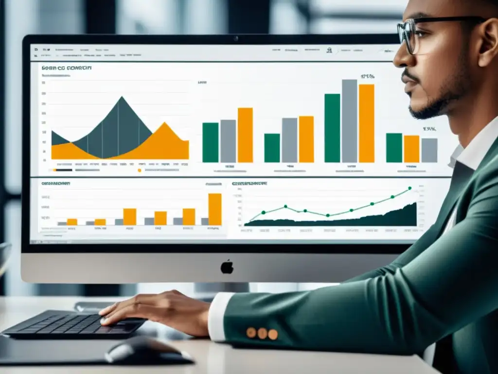 Persona analizando datos en pantalla de ordenador, en un espacio minimalista