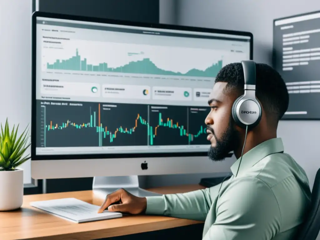 Podcast profesional: script, SEO y análisis Persona enfocada con auriculares y transcripciones de podcast para SEO, rodeada de gráficos y scripts