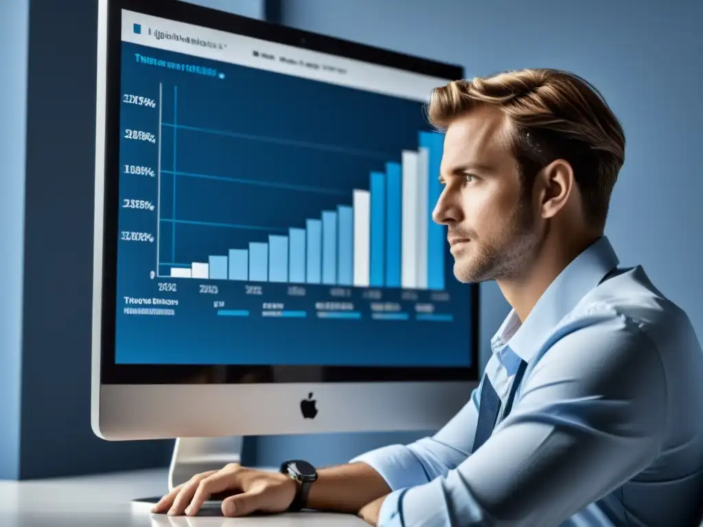 Análisis profesional: persona enfocada en gráfico de tendencia ascendente Persona analizando gráfico en pantalla con determinación