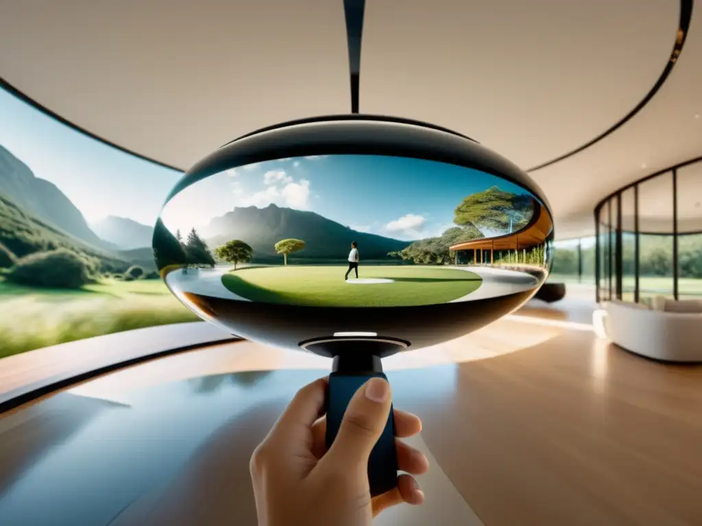 Inmersión total: experiencia 360° en dispositivo moderno Persona inmersa en la experiencia de un video 360 en un dispositivo moderno