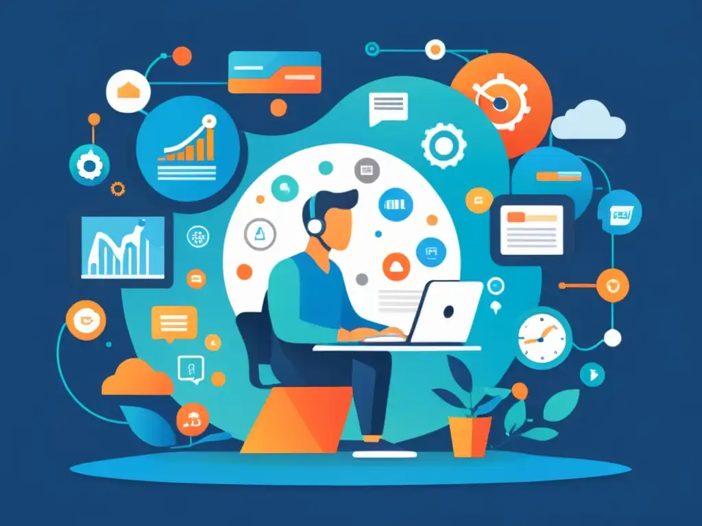 Optimización de contenidos en tiempo real para SEO: Estrategias dinámicas Persona trabajando en laptop rodeada de iconos y gráficos de marketing digital