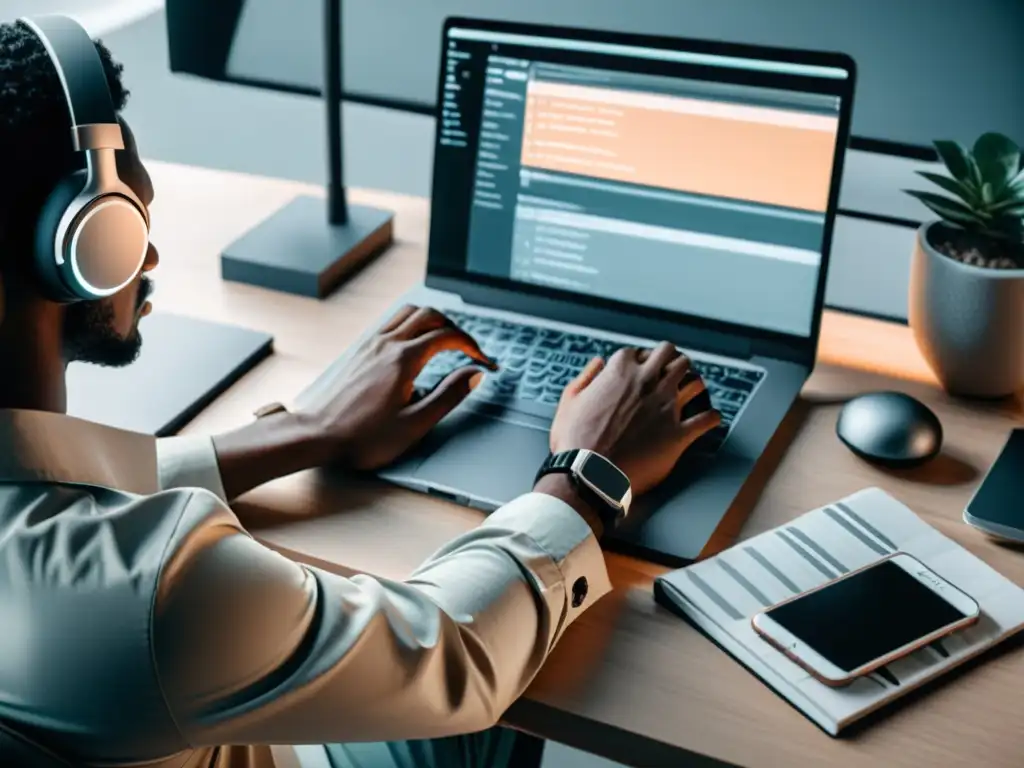 Productividad en la oficina: escuchando un podcast mientras trabajas Persona productiva escuchando un podcast mientras escribe en la computadora