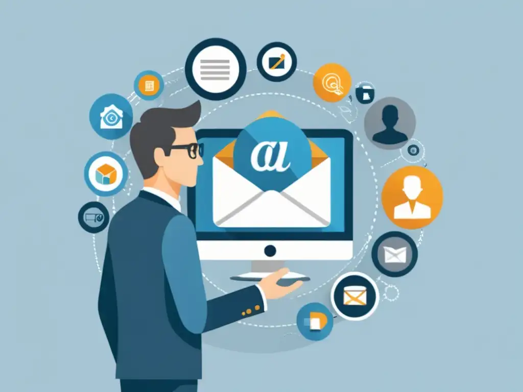 Profesional enviando email rodeado de iconos SEO Persona profesional enviando emails rodeada de iconos SEO en tonos azules y grises