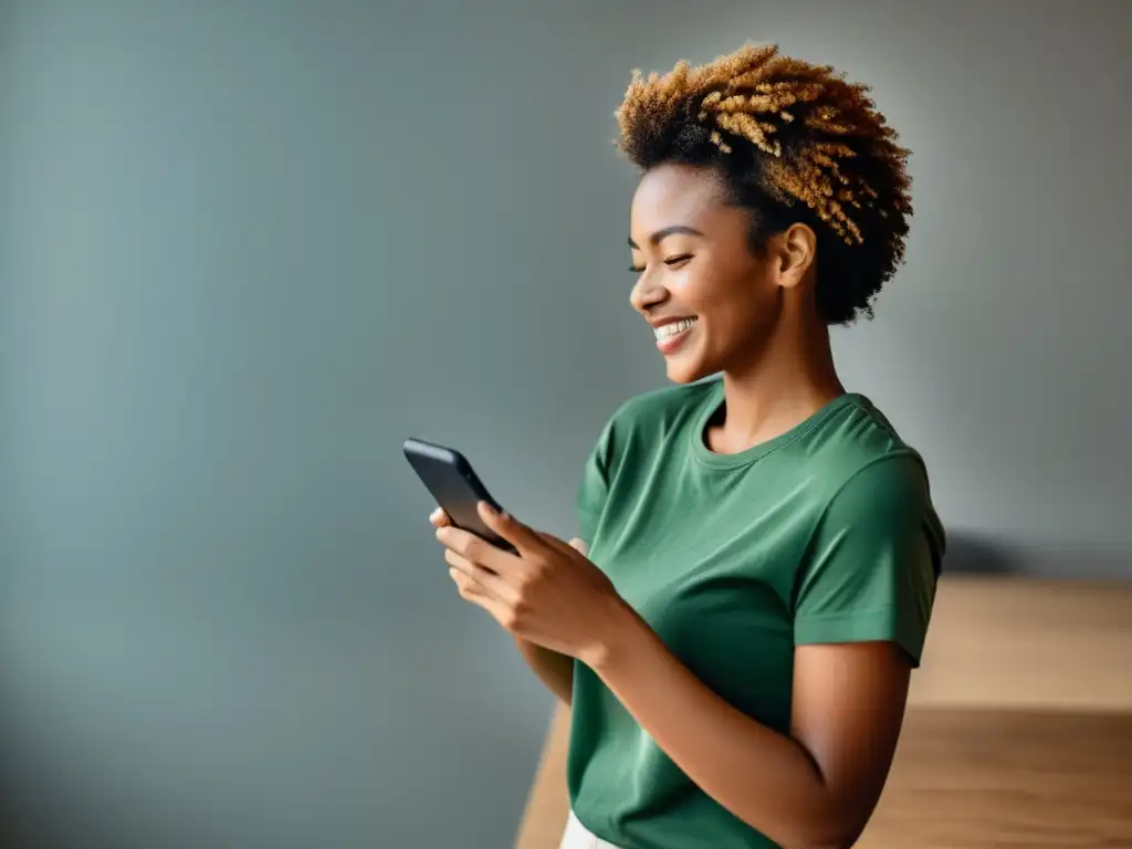 Experiencia de usuario positiva: rostro satisfecho navegando en smartphone Una persona satisfecha interactúa con un smartphone, transmitiendo una experiencia de usuario positiva