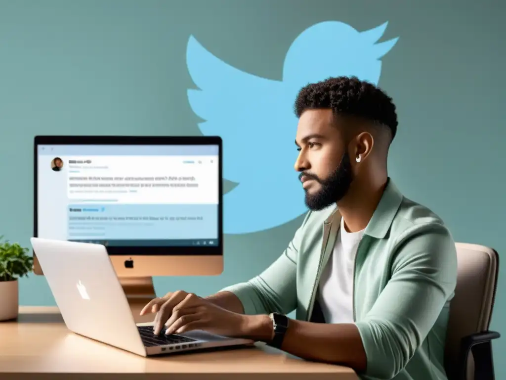 Conversación productiva en Twitter: enfoque profesional Persona participando en Twitter Chats en un entorno profesional y enfocado en su laptop